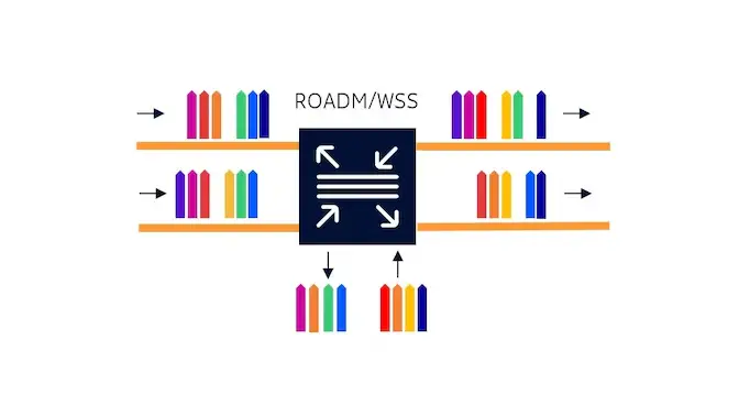 ROADM/WSS diagram: wavelengths entering and leaving a reconfigurable optical add-drop multiplexer, with channels added and dropped locally