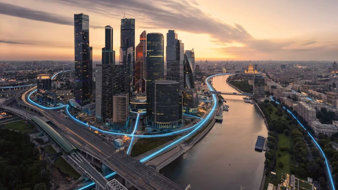 City skyline connected by fiber network links for infrastructure providers