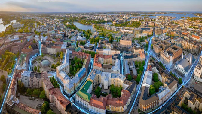 Aerial view of a fiber-connected city for network tenants