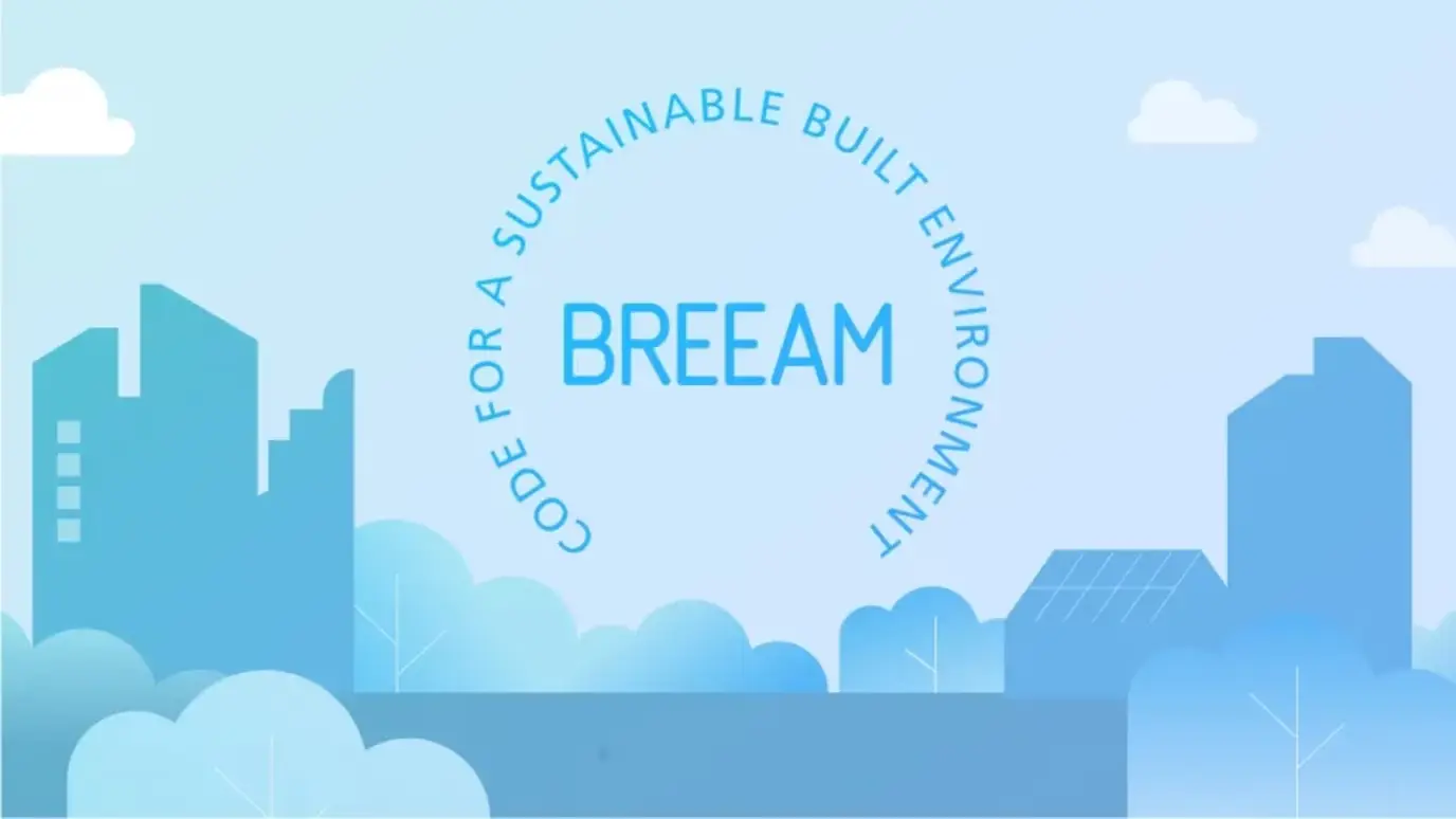 BREEAM, code for a sustainable built environment, over an illustrated city skyline