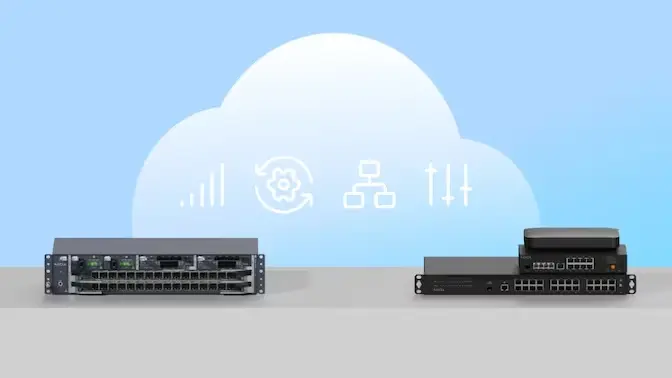 Aurelis MF-2 OLT and stacked Aurelis ONTs beneath a cloud with management icons
