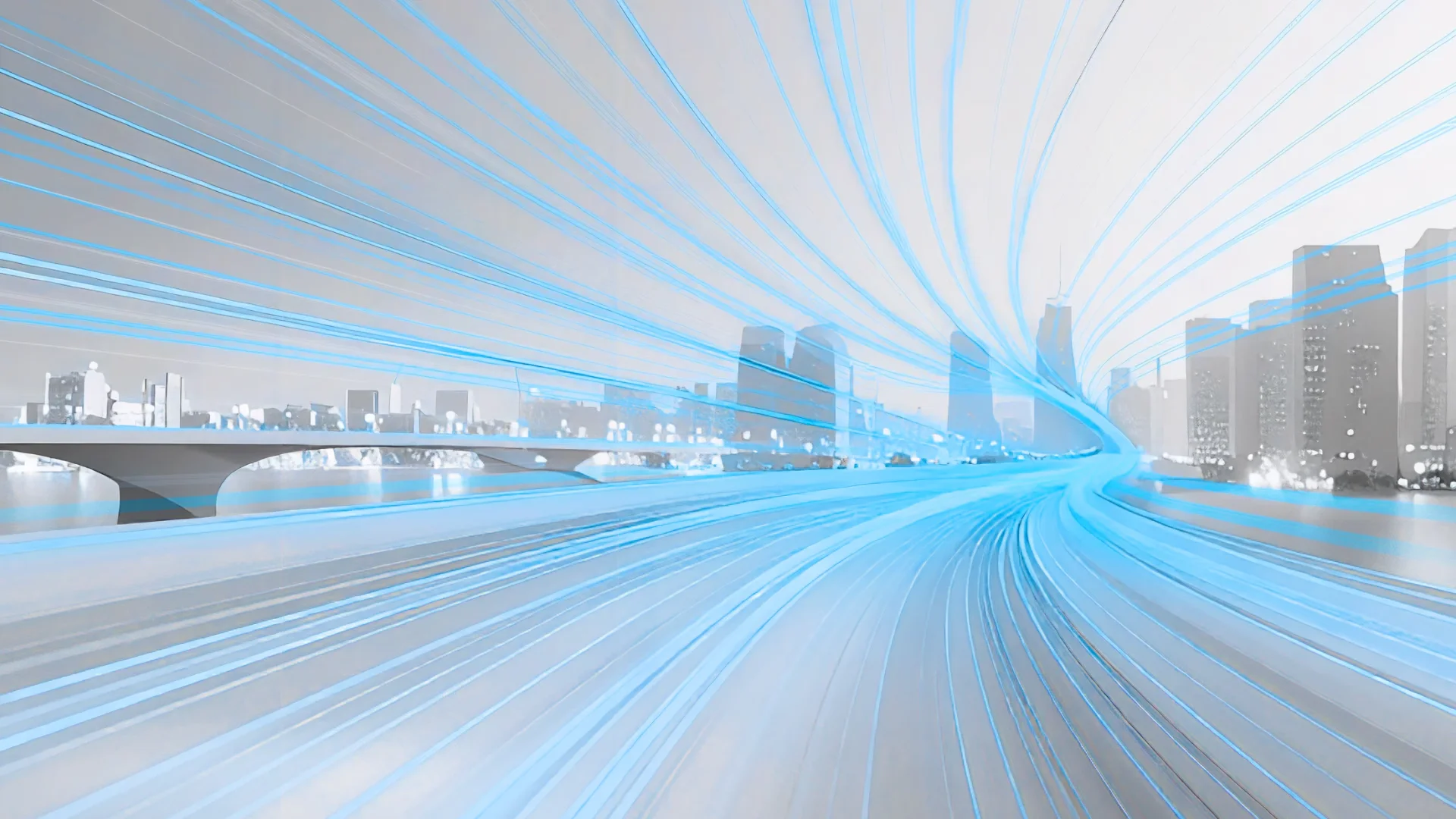 Streams of light flowing through a city, representing gigabit fiber reaching every building