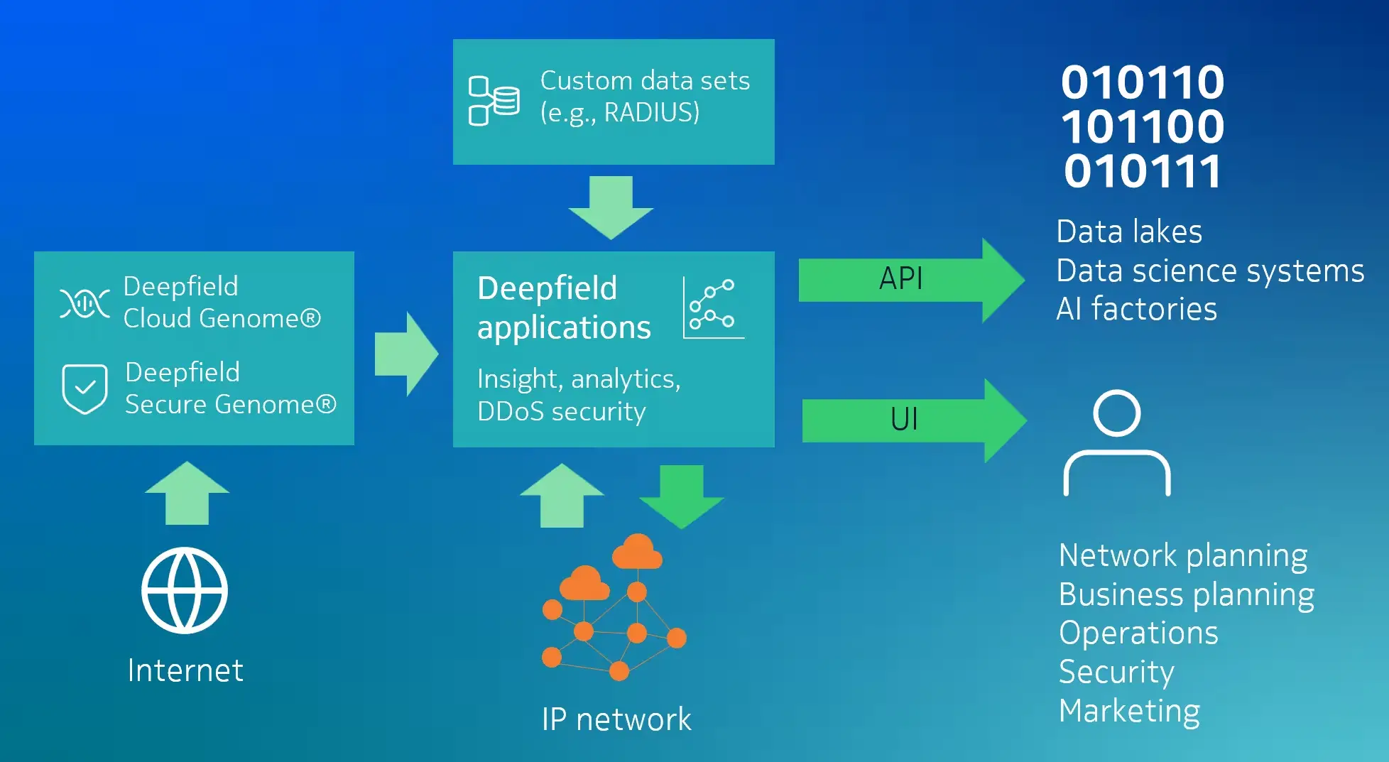 Deepfield architecture: Deepfield Cloud Genome and Secure Genome map the internet and feed the Deepfield applications, which also take data from the IP network and custom data sets such as RADIUS, then deliver insight, analytics and DDoS security via API to data lakes, data science systems and AI factories, and via UI to network planning, business planning, operations, security and marketing teams