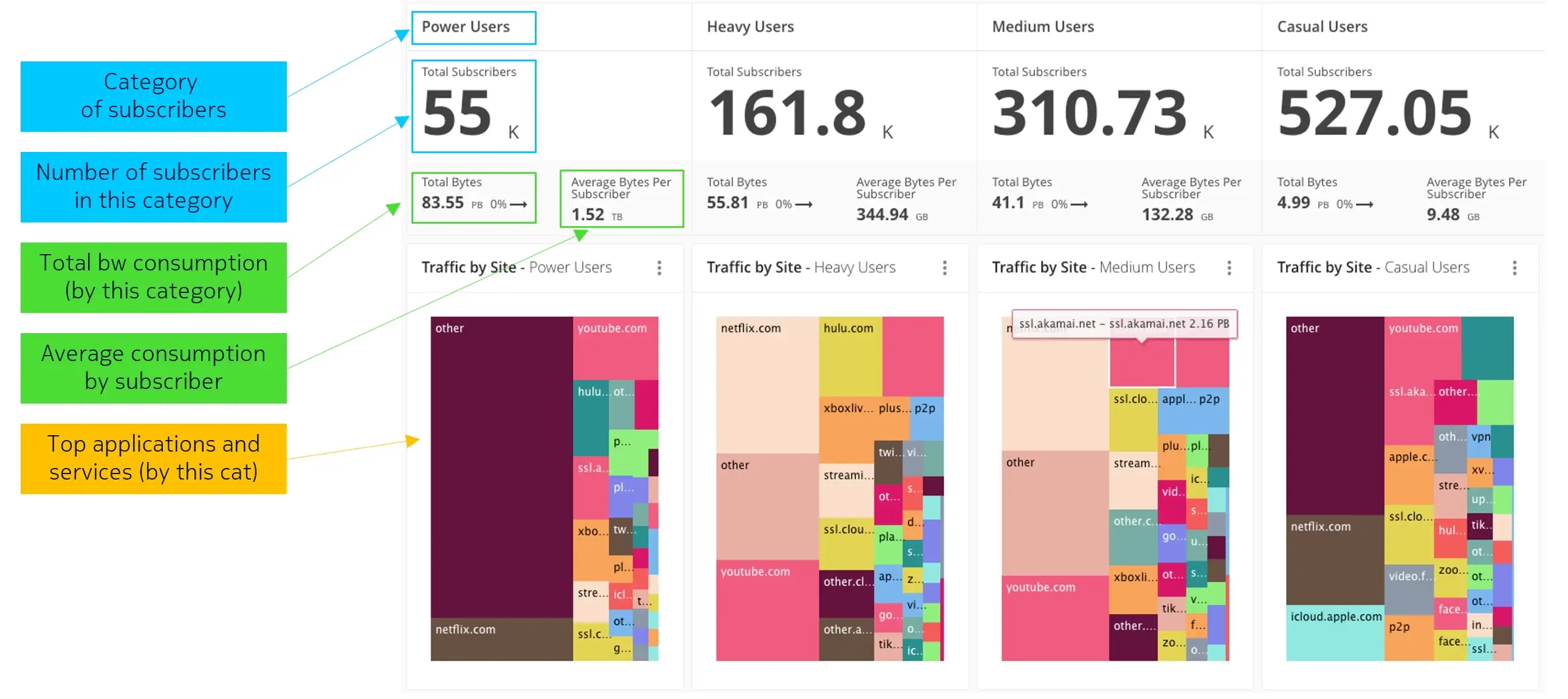 Deepfield Subscriber Intelligence subscriber usage bins dashboard